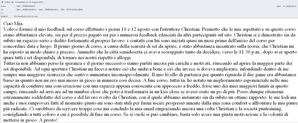 Feedback Christian 1on1 Catania 11-12 Agosto 2015