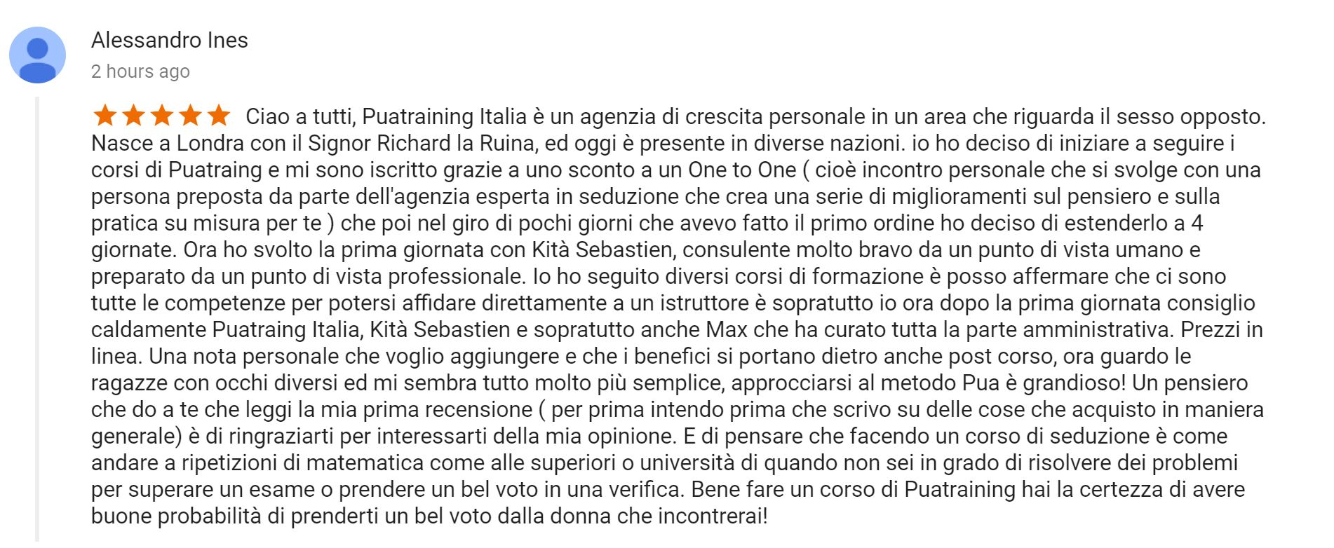 recensione Alessandro dopo 4 giorni di corso individuale 1on1 - Febbraio 2018