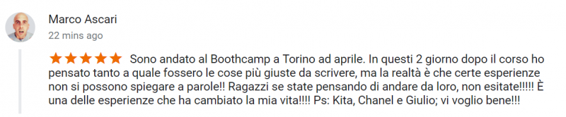 recensione bootcamp Torino 7-8 Aprile 2018 - Marco