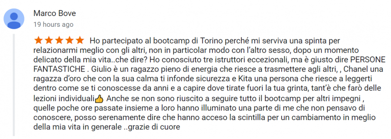recensione bootcamp Torino 7-8 Aprile 2018 - Marco B
