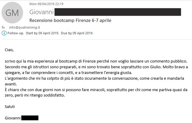 recensione Bootcamp Firenze - Aprile 2019 - Giovanni