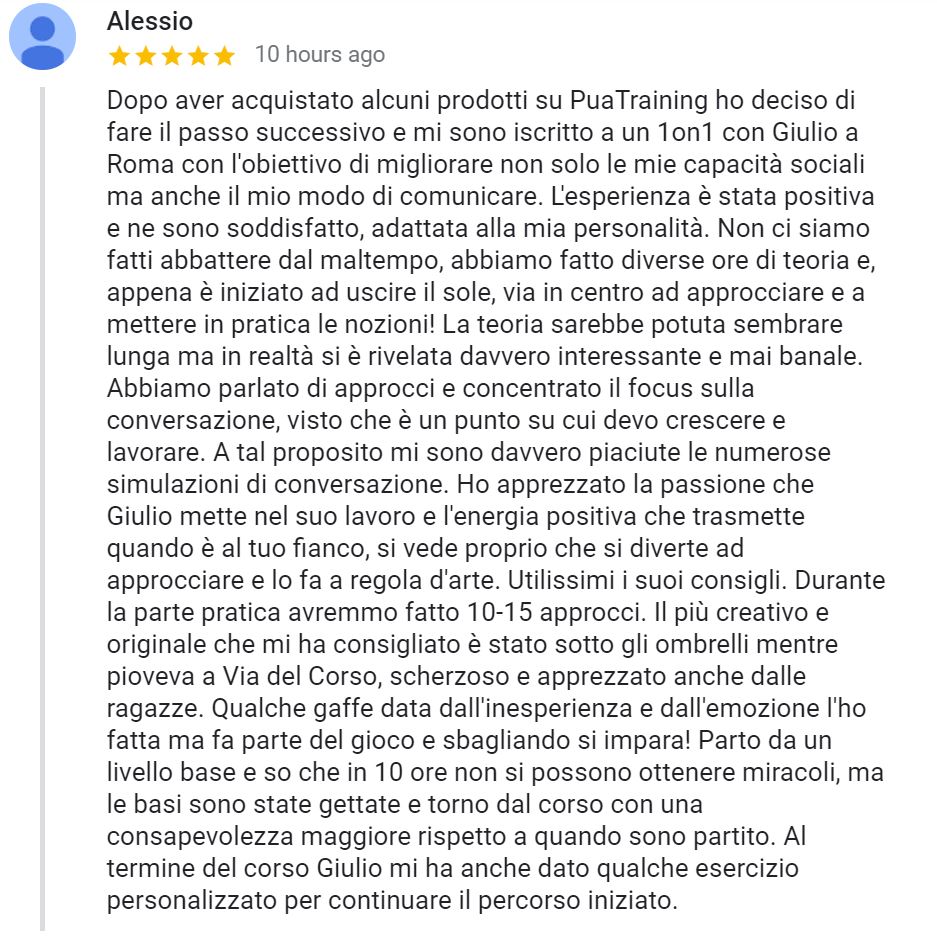 recensione Alessio dopo un 1on1 a Roma - Maggio 2019