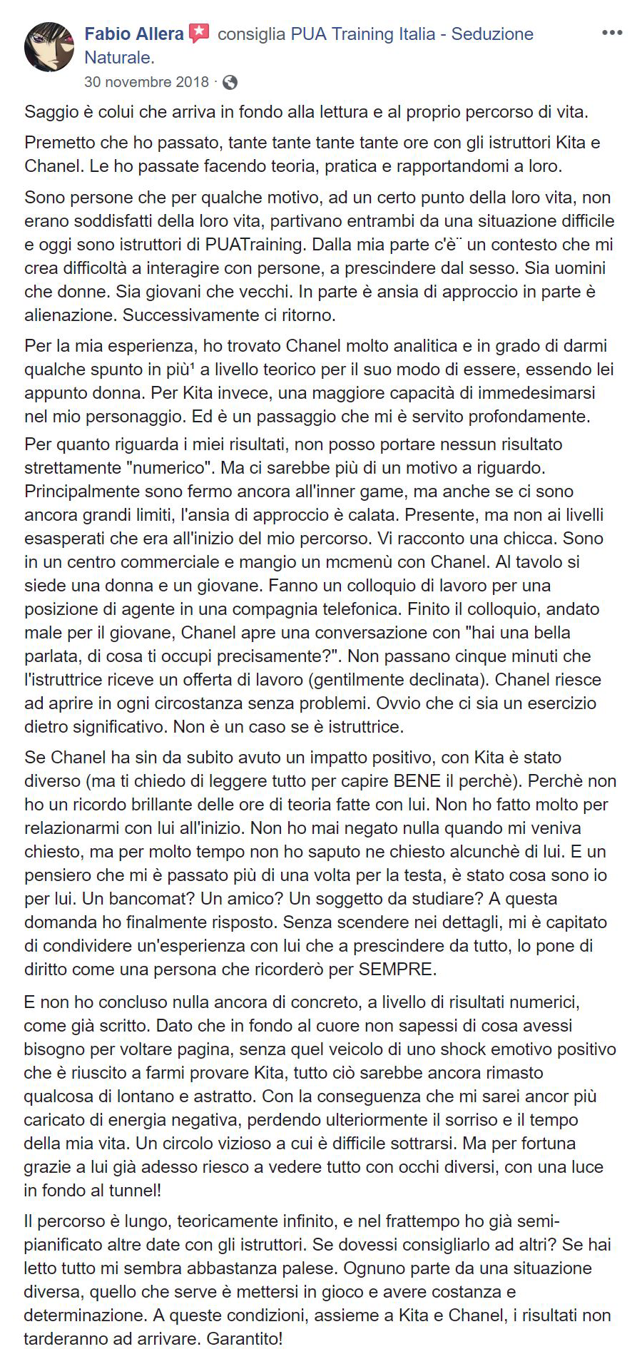 recensione Fabio percorso di plurimi 1on1 - Novembre 2018