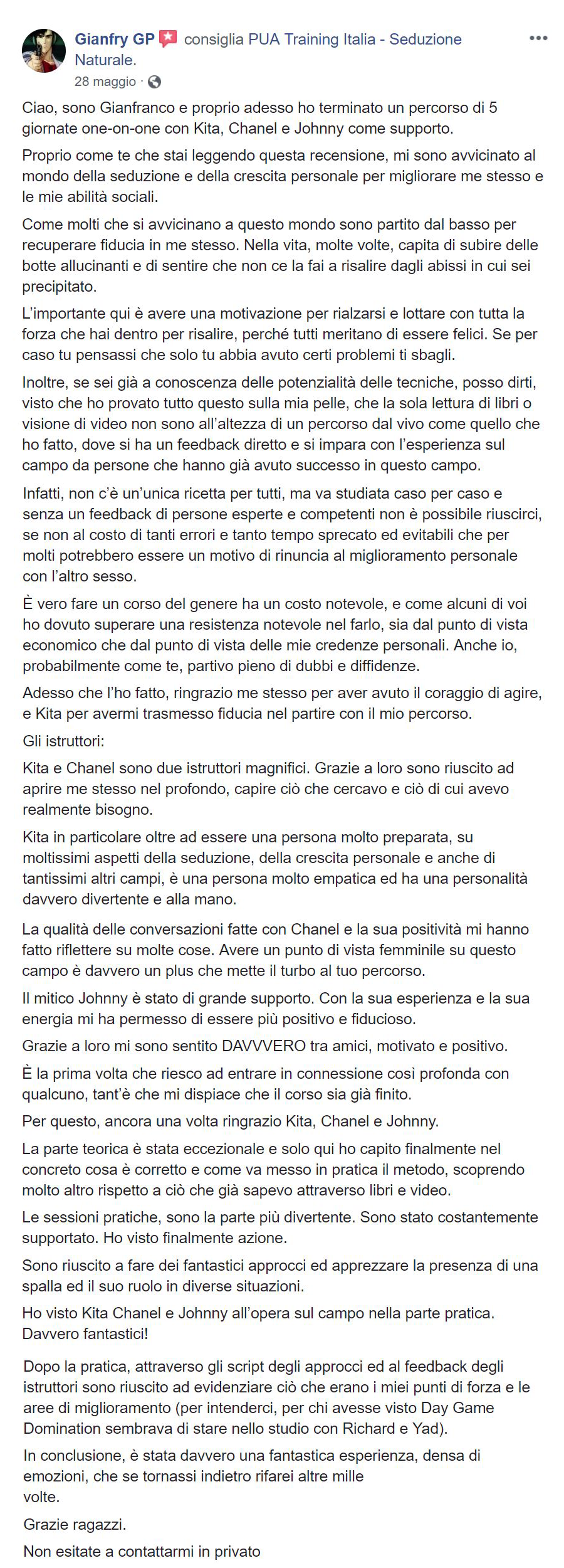 recensione Gianfry dopo un percorso di 5 x 1on1 - Maggio 2019